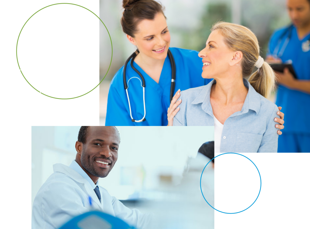 collage of doctors smiling and working with patients