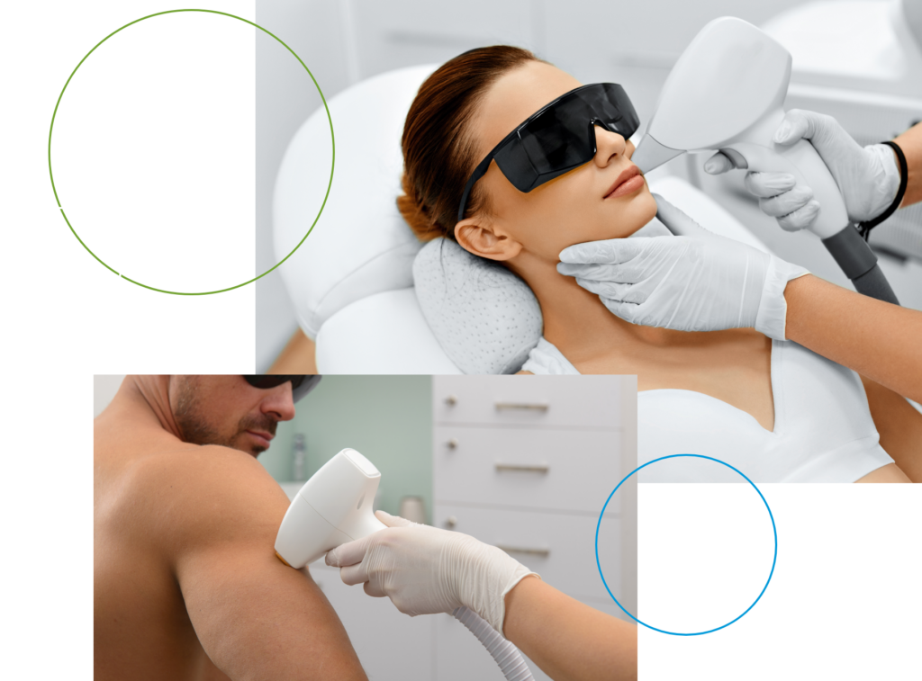 collage featuring a man and woman receiving laser therapy