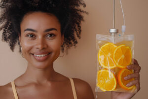 Woman holding IV bag containing fruits and essential nutrients